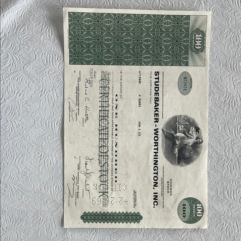 Original stock certificate for Studebaker Stock